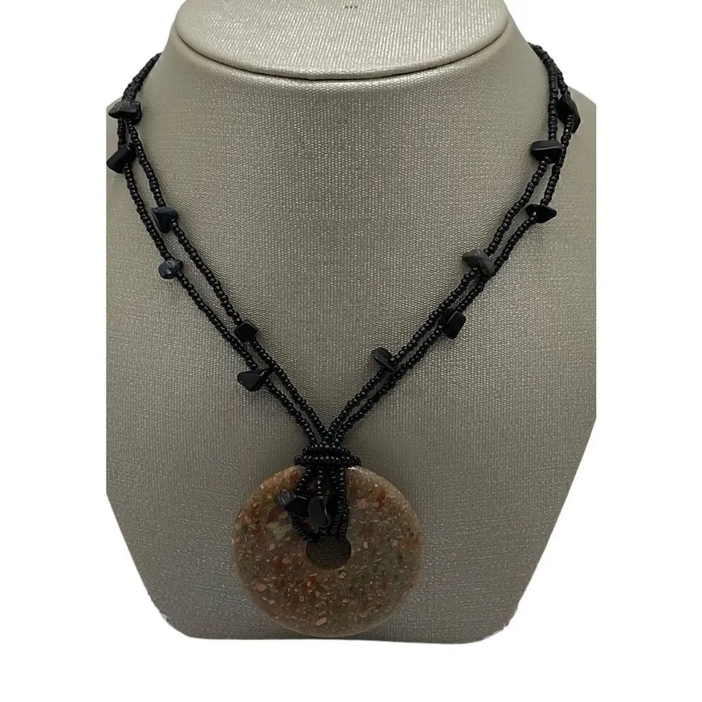 Unakite Necklace Green Tan Pink Natural Stone Donut Pendant Black Beaded Chain